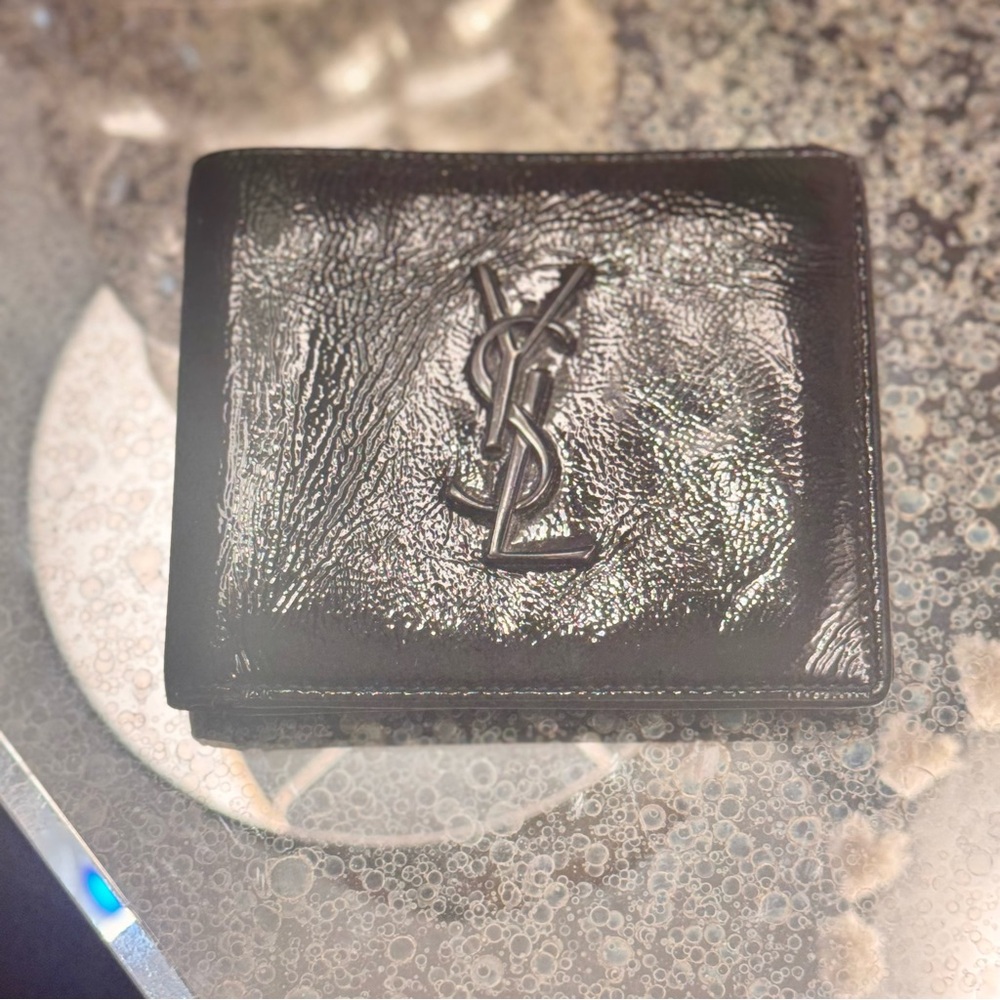 Saint Laurent Black Patent Leather Money Clip Wallet with YSL Logo